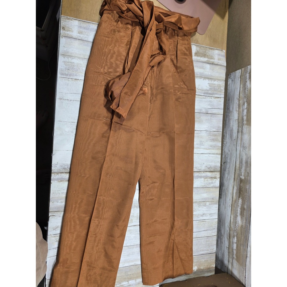 Vintage 70s High Waisted Wide Leg Trousers Bronze Belted Talon Zipper Size 6